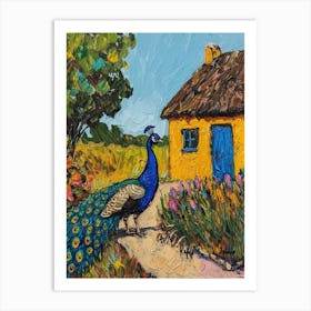 Peacock By A Thatched Cottage Textured Painting 4 Art Print