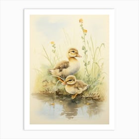 Japanese Woodblock Style Duckling Family 5 Art Print