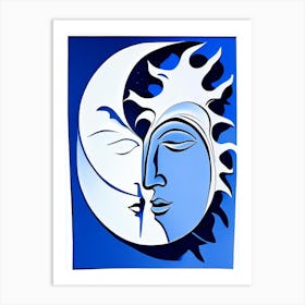 Sun And Moon Symbol Blue And White Line Drawing Art Print