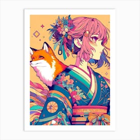 Pretty Anime Girl with Fox 8 Art Print