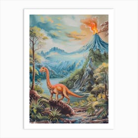 Dinosaur & The Volcano Vintage Storybook Painting 2 Art Print