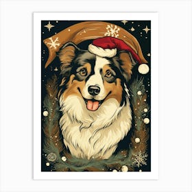 Australian Shepherd Santa Hat Art Print