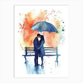 Couple Kissing Under Umbrella Art Print