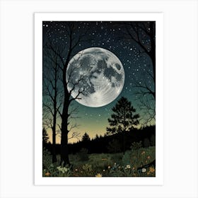 Full Moon In The Forest Style William Morris Art Print 3 Art Print