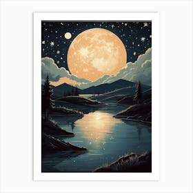 Full Moon Over The Lake Print Art Print