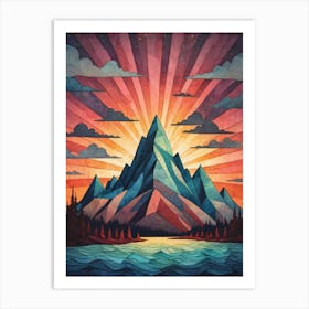 Minimalist Sunset Low Poly Mountains (17) Art Print