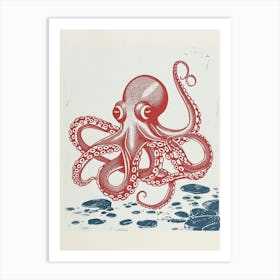 Sweet Red Octopus On The Ocean Floor With Rocks Art Print