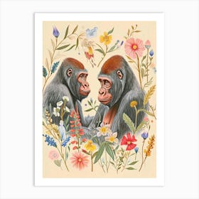 Folksy Floral Animal Drawing Gorilla Art Print