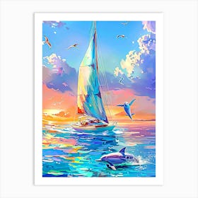 Sailboat And Dolphins Art Print