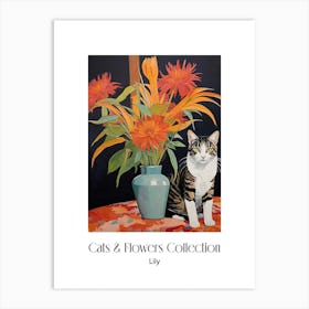 Cats & Flowers Collection Lily Flower Vase And A Cat, A Painting In The Style Of Matisse 2 Art Print