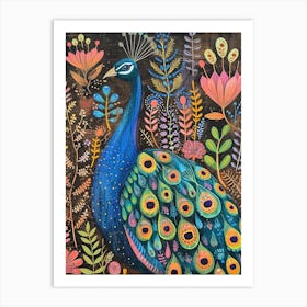 Folk Floral Peacock In The Wild 4 Art Print