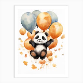 Panda Flying With Autumn Fall Pumpkins And Balloons Watercolour Nursery 1 Art Print