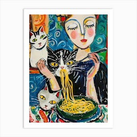 Woman Feeding Cats With Noodles Art Print