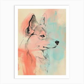 Pastel Orange Husky Dog Line Illustration Art Print