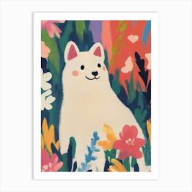 White Dog in the Garden Gouache Painting Art Print