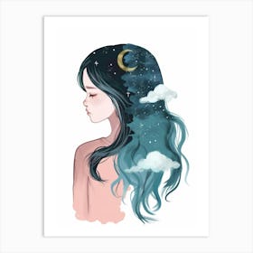 Girl With Moon And Clouds Art Print