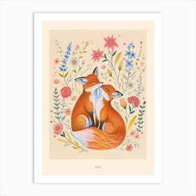 Folksy Floral Animal Drawing Fox 2 Poster Art Print