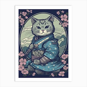 Cute Samurai Cat In The Style Of William Morris 7 Art Print