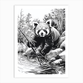 Red Panda Fishing In A Stream Ink Illustration 3 Art Print