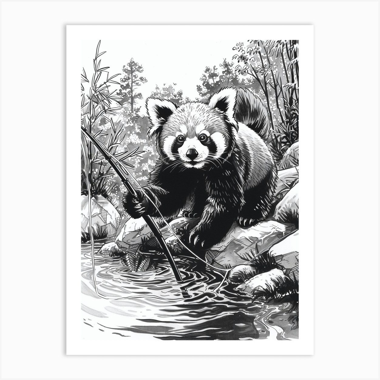Red Panda Fishing In A Stream Ink Illustration 3 Art Print by BearBrush  Studios - Fy