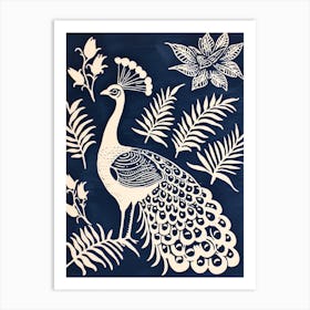 Navy Blue & Cream Peacock With Tropical Flowers 3 Art Print