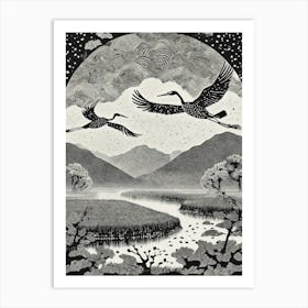 Cranes In Flight Ukiyo-E Art Print