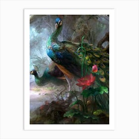 Peacocks In The Forest Art Print