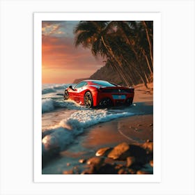 Red Ferrari On The Beach Art Print