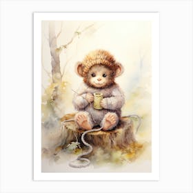 Monkey Painting Knitting Watercolour 1 Art Print