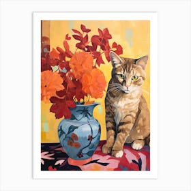 Hydrangea Flower Vase And A Cat, A Painting In The Style Of Matisse 2 Art Print