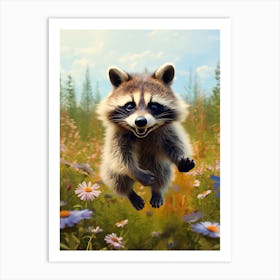 Cute Funny Tanezumi Raccoon Running On A Field Wild 2 Art Print