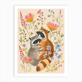 Folksy Floral Animal Drawing Racoon Art Print