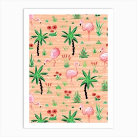 Pink Flamingos in the Water of a Tropical Island - Peach Pink Art Print