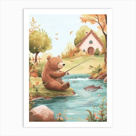 Sloth Bear Fishing In A Stream Storybook Illustration 3 Art Print