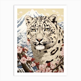 Snow Leopard Animal Drawing In The Style Of Ukiyo E 2 Art Print