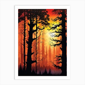 Sunset In The Forest 9,   Forest bathed in the warm glow of the setting sun, forest sunset illustration, forest at sunset, sunset forest vector art, sunset, forest painting,dark forest, landscape painting, nature vector art, Forest Sunset art, trees, pines, spruces, and firs, orange and black.  Art Print