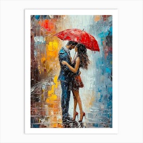 Colorful Impasto Painting Of A Couple Under A Red Umbrella On A Rainy Street Art Print