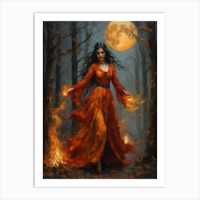 Fire Goddess - Pagan Element of Fire Witchcraft Oil Painting Summoning on a Full Moon Wicca Witchcore Powerful Woman Art Print