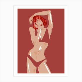 Girl In Underwear Red Art Print