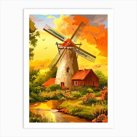 Windmill At Sunset Art Print