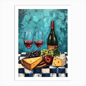 Wine Cheese & Grapes Blue Checkerboard 2 Art Print