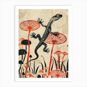 Lizard On The Mushrooms Wood Block Style 2 Art Print