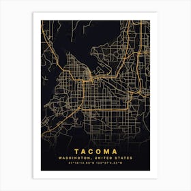 Tacoma Washington USA Black And Gold Map Art Print