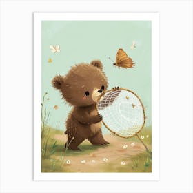 Brown Bear Cub Playing With A Butterfly Net Storybook Illustration 3 Art Print