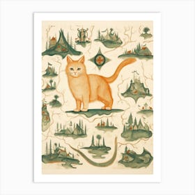 Cat On Medieval Map With A Compass Art Print