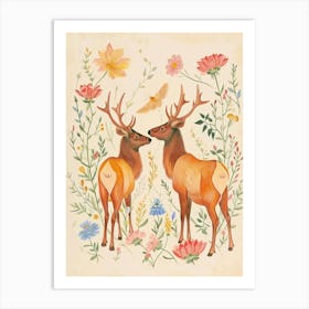 Folksy Floral Animal Drawing Elk Art Print