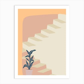 Stairs And Potted Plant. Egypt - boho travel pastel vector minimalist poster Art Print