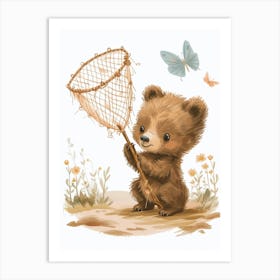 Brown Bear Cub Playing With A Butterfly Net Storybook Illustration 2 Art Print