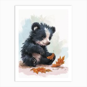 Sloth Bear Cub Playing With A Fallen Leaf Storybook Illustration 3 Art Print