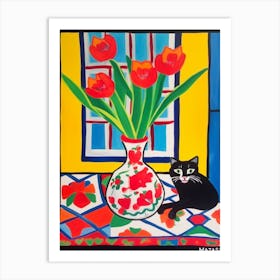 Painting Of A Still Life Of A Tulips With A Cat In The Style Of Matisse 2 Art Print
